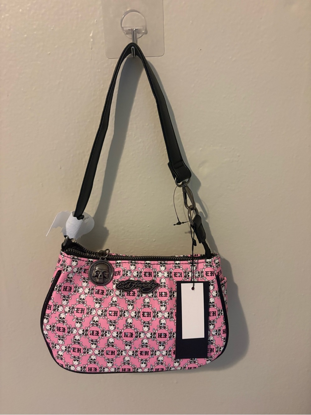 Ed Hardy Pink Skull-Print Mini Shoulder Bag with Black Strap